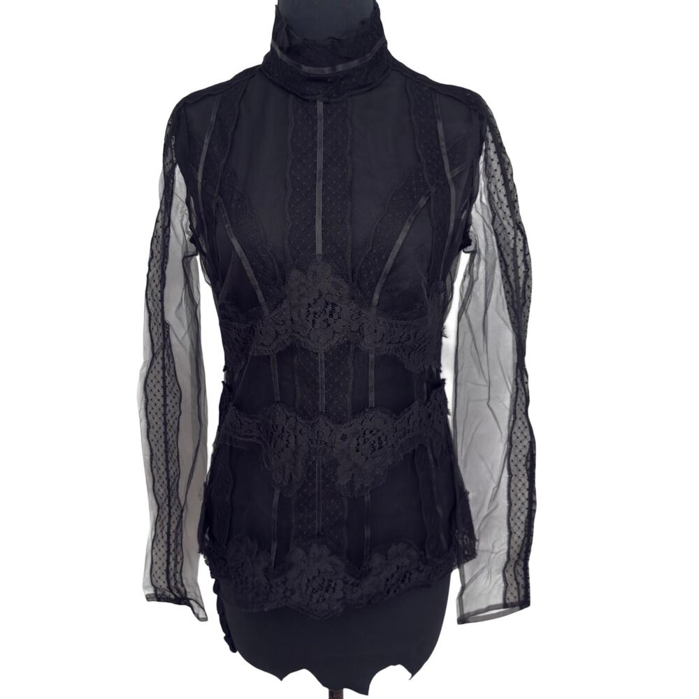 Dolce & Gabbana Sheer Black Lace Blouse US 10 High Neck Long Sleeve Evening